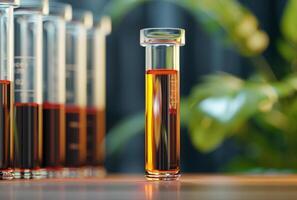 AI generated Test tubes and flask with orange liquid on table in laboratory photo