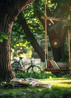 AI generated Books on swing in the garden photo