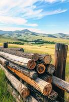 AI generated Wooden fence and logs in the countryside photo