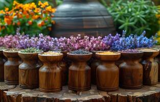 AI generated Different types of aromatic herbs in wooden spoons on wooden table photo
