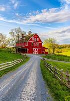 AI generated Red barn and dirt road in the countryside photo