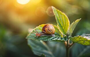 AI generated Snail crawling on the green leaf in the morning photo