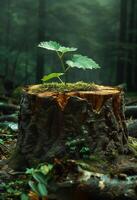 ai generado nuevo vida y renovación concepto con pequeño verde árbol y tocón en verde bosque foto