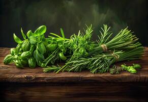 AI generated Fresh herbs from the garden on wooden table photo