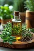 AI generated Bottle of essential oil with fresh rosemary thyme sage and other herbs photo