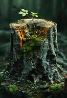 AI generated Stump with sapling in the old forest photo
