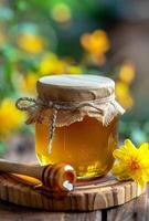 AI generated Honey jar and honey dipper on wooden table photo