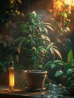 AI generated Indoor Marijuana plant in flowerpot. Medical marijuana. photo