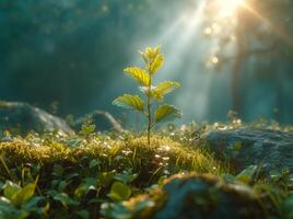 AI generated Small tree sprouts from the ground in forest. photo