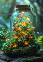 AI generated Fairy garden in bottle with bright flowers and moss. Miniature of a jar with firefly beetles and flowers photo