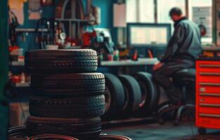 AI generated Car mechanic is working in the garage. Car repair and tire replacement. photo