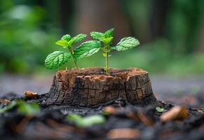 AI generated The saplings are growing on the stump with blurred green nature background photo