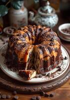 AI generated Chocolate marble cake with chocolate chips on plate photo