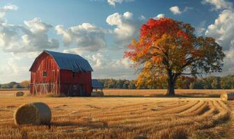 ai generado rojo granero y arce árbol en el otoño en granja foto