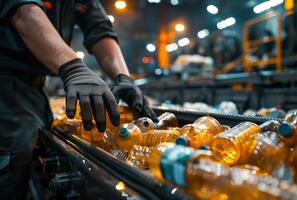 AI generated Man working at factory producing plastic bottles photo