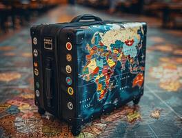 AI generated Suitcase with world map on the floor photo