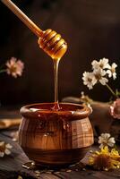 AI generated Honey dripping from wooden honey dipper in jar on wooden background photo