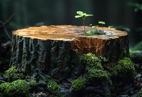 AI generated New life and renewal concept with small tree and seedling growing on cut down tree trunk in forest photo