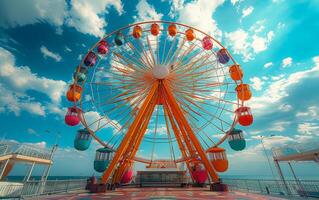 AI generated Ferris wheel on the pier. A colorful ferris wheel set against the backdrop of a blue sky photo