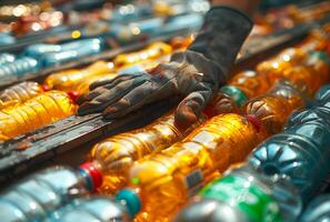 AI generated Worker hand with gloves sorting plastic bottles on the conveyor belt at the recycling factory. photo