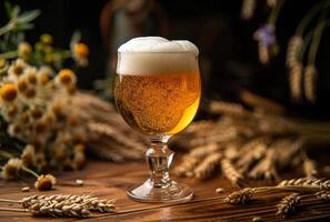 ai generado vaso de frío ligero cerveza con espuma en el de madera mesa foto