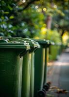 AI generated Green recycling bins in row. A green garbage bins photo