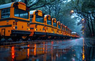 ai generado colegio autobuses estacionado en mojado la carretera foto