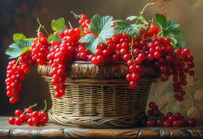AI generated Basket with red currants on the table photo