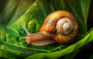 AI generated Snail crawling on the green leaf. A closeup photo of an inquisitive snail