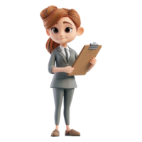 ai generado 3d linda dibujos animados mujer de negocios personaje. dibujos animados mujer de negocios con portapapeles en transparente antecedentes. png