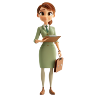 ai generado 3d linda dibujos animados mujer de negocios personaje. dibujos animados mujer de negocios con portapapeles en transparente antecedentes. png