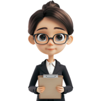 AI generated 3D Cute cartoon businesswoman character. Cartoon businesswoman with clipboard on transparent background. png