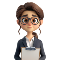 ai generado 3d linda dibujos animados mujer de negocios personaje. dibujos animados mujer de negocios con portapapeles en transparente antecedentes. png