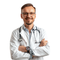 ai gegenereerd zelfverzekerd mannetje dokter portret. portret van een glimlachen dokter. medisch en gezondheidszorg concept. png