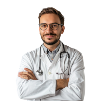 ai gerado confiante jovem masculino médico retrato. retrato do uma sorridente doutor. médico e cuidados de saúde conceito. png