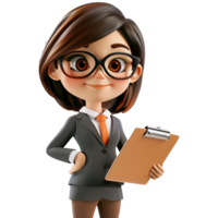 AI generated 3D Cute cartoon businesswoman character. Cartoon businesswoman with clipboard on transparent background. png