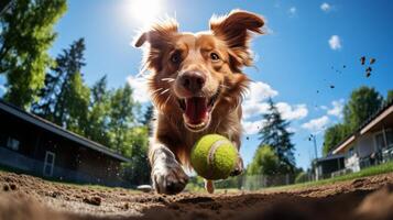 AI generated Excited dog catching ball outdoors on sunny day with copy space, blurred white background photo