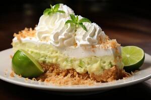 AI generated Delicious key lime pie dessert for restaurant menu with copy space, freshly baked and ready to serve photo