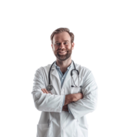 ai gegenereerd zelfverzekerd mannetje dokter portret. portret van een glimlachen dokter. medisch en gezondheidszorg concept. png