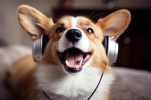 AI generated Joyful corgi canine wearing headphones, bopping to catchy beats, ideal for custom text and overlays photo