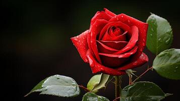 AI generated Beautiful macro shot of red rose bud after rain with ample copy space for text and design elements photo