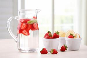 AI generated Refreshing beverage in glass jug with ripe, juicy strawberries and space for custom text photo