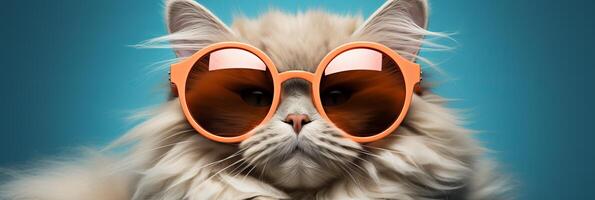 AI generated Cool cat in sunglasses with space for text. summer vacation concept on blue background photo