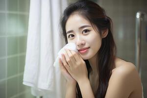 AI generated Beautiful woman pampering her skin with a rejuvenating cosmetic treatment in the cozy bathroom photo