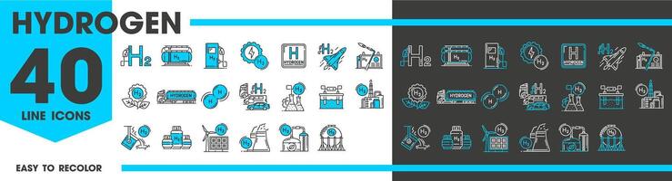 Hydrogen line icons of green energy and H2 fuel vector