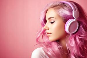 ai generado pelo rosado niña ranurado a música en auriculares en rosado antecedentes - Copiar espacio disponible foto
