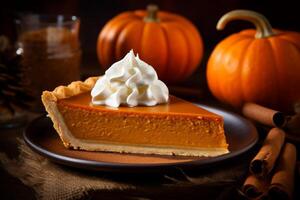 AI generated Delicious thanksgiving pumpkin pie for restaurant menu - perfect dessert with fragrant aroma photo