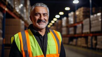 AI generated Smiling portrait of male worker standing in warehouse with crossed arms looking at camera photo