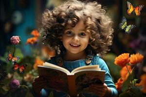 AI generated Young boy fully engrossed in a captivating book in a magical and enchanting fantasy world photo