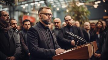 AI generated Confident businessman delivering powerful keynote to diverse audience at conference photo